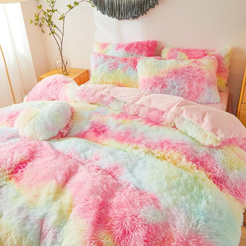 Besfunny Rainbow Faux Fur Twin Comforter Cover Set - 2-Piece Plush Bedding (66x90) Rainbow Twin Variation
