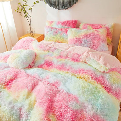 Besfunny Rainbow Faux Fur Twin Comforter Cover Set - 2-Piece Plush Bedding (66x90) Rainbow Twin Variation