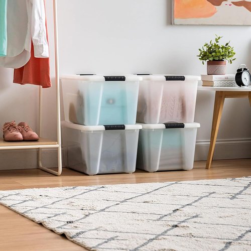IRIS USA 40 Qt Stackable Plastic Storage Bins - BPA-Free, Durable Lids, 4 Pack | Pearl Color