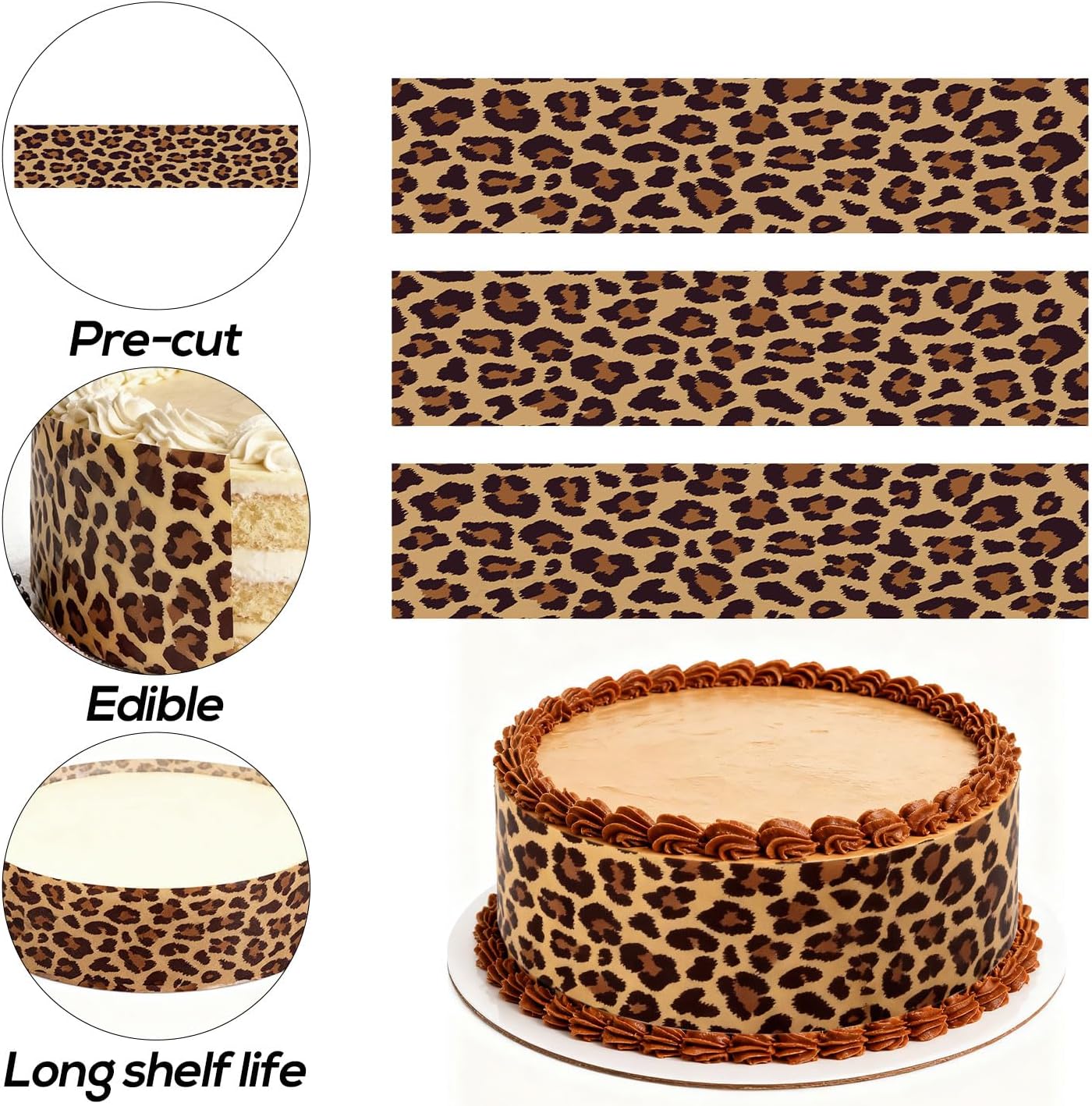 Skiennix Edible Paper Sheets - Cheetah Print Cake Wraps for Women's Birthday Parties | 2.4x11 Inches (3 Pcs)