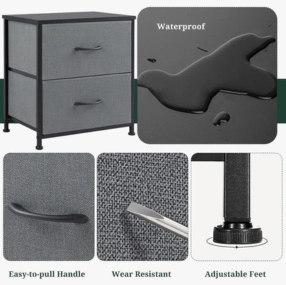 Regine Switzerland Nightstand - Small 2-Drawer Dresser with Wooden Top & Fabric Bins | Gray, 11.8” D x 18” W x 20” H