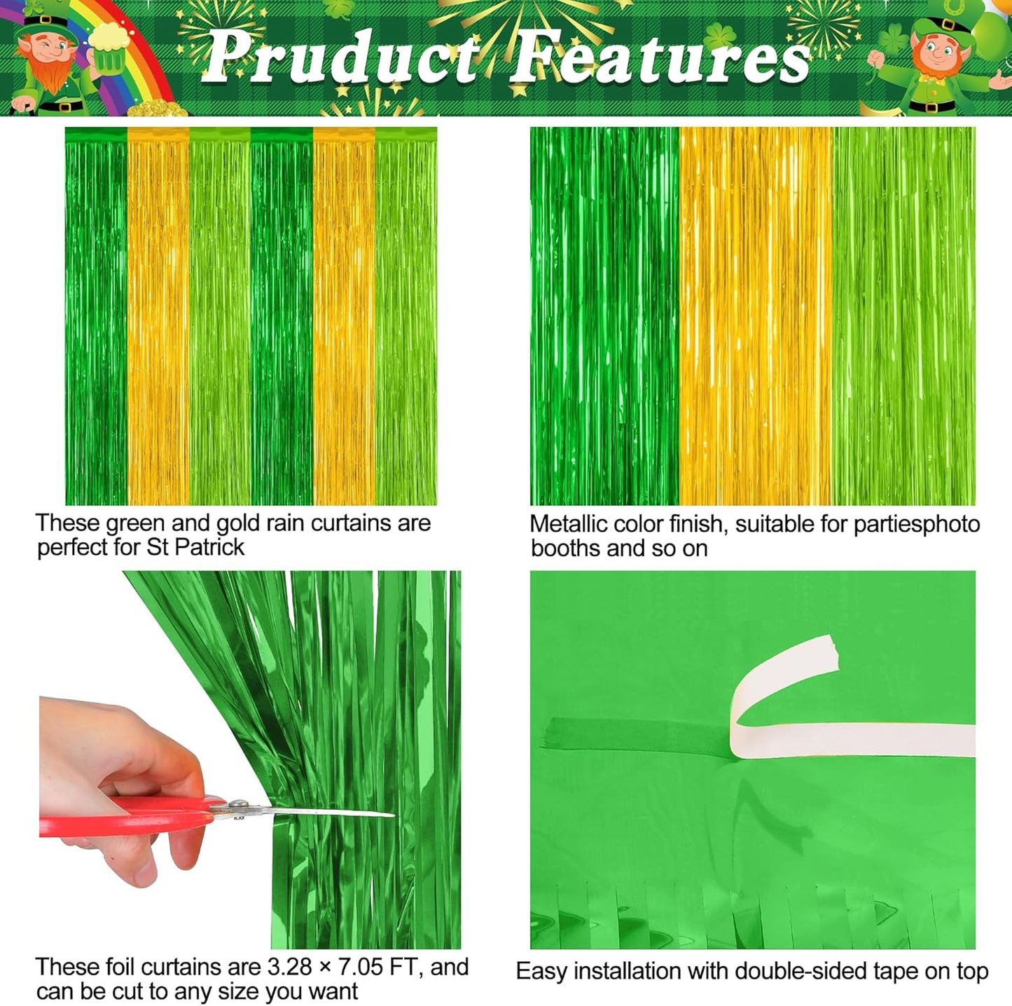 St. Patrick's Day Party Decorations - 2 Pack Green & Gold Backdrop Curtains | 3.28 FT x 7.05 FT Metallic Fringe