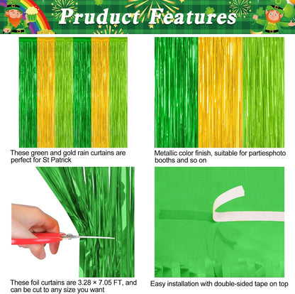 St. Patrick's Day Party Decorations - 2 Pack Green & Gold Backdrop Curtains | 3.28 FT x 7.05 FT Metallic Fringe