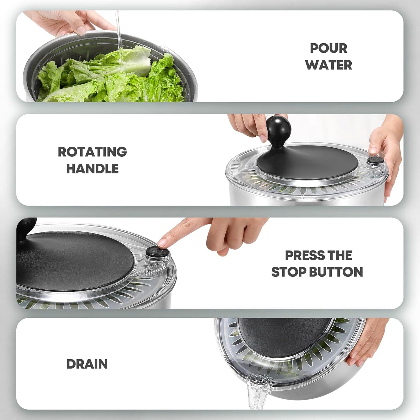 Regine Stainless Steel Salad Spinner - 5.3Qt BPA-Free Lettuce Washer with Transparent Lid & Non-Slip Base