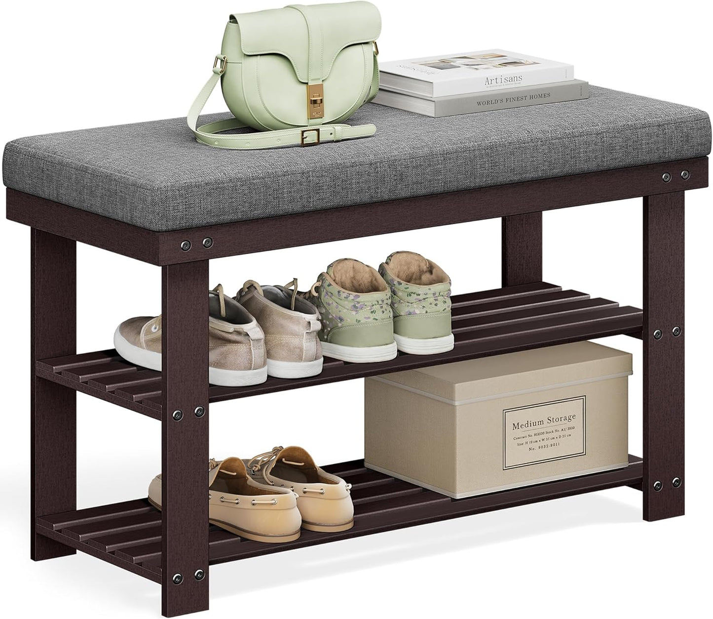 SONGMICS Bamboo Shoe Bench - 3-Tier Shoe Rack Organizer for Entryway | Holds Up to 300 lb, Rustic Walnut & Slate Gray, 11.9 x 28.3 x 19.2 Inches