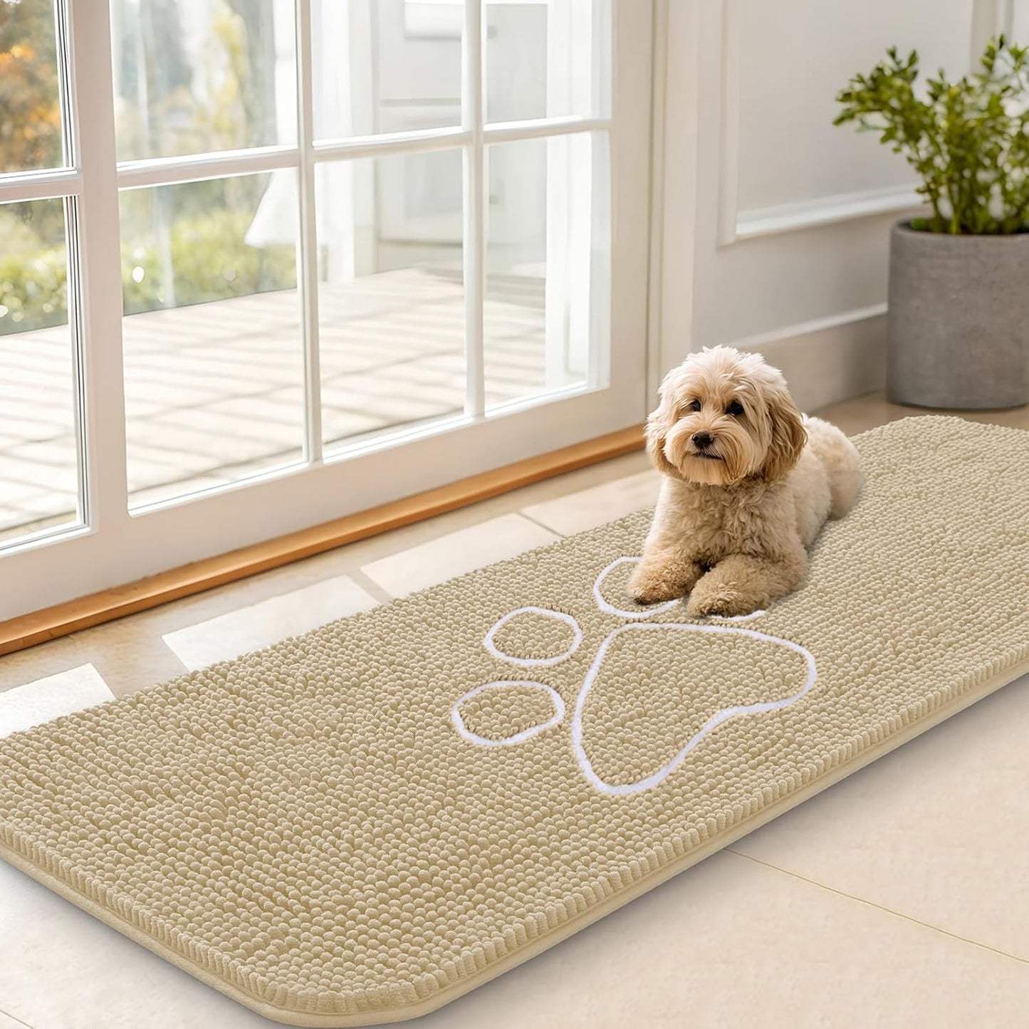 OLANLY Dog Door Mat - Absorbent Non-Slip Muddy Paws Mat | Quick Dry Chenille, 59x20, Beige
