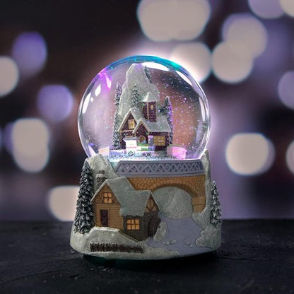 Castle Snowy House Snow Globe - Color Changing Lighting & Revolving Train | Winter Wonderland Decor