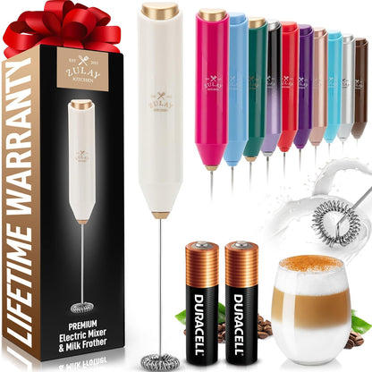 Zulay Kitchen Powerful Milk Frother AA Batteries Included – Ultra Fast Handheld Drink Mixer with Stainless Steel Whisk Stirrer for Coffee, Protein, Matcha & More, Frother Wand Electric Frothmate Cream