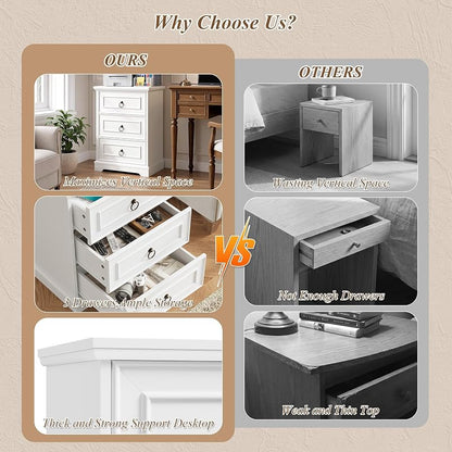 26" Tall Nightstand with Charging Station - White, 3 Drawers (Variation: White+1)