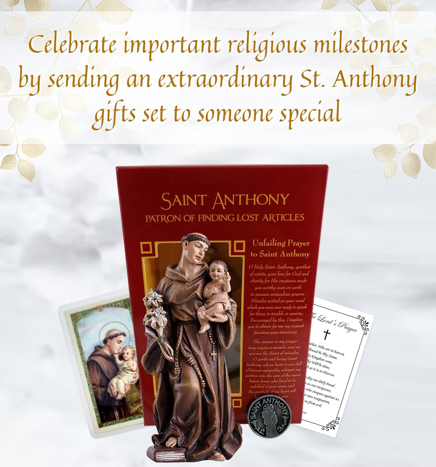 Trendzeen St. Anthony of Padua Statue Figurine - 4 Inch with Laminated Prayer Card & Pocket Token Coin