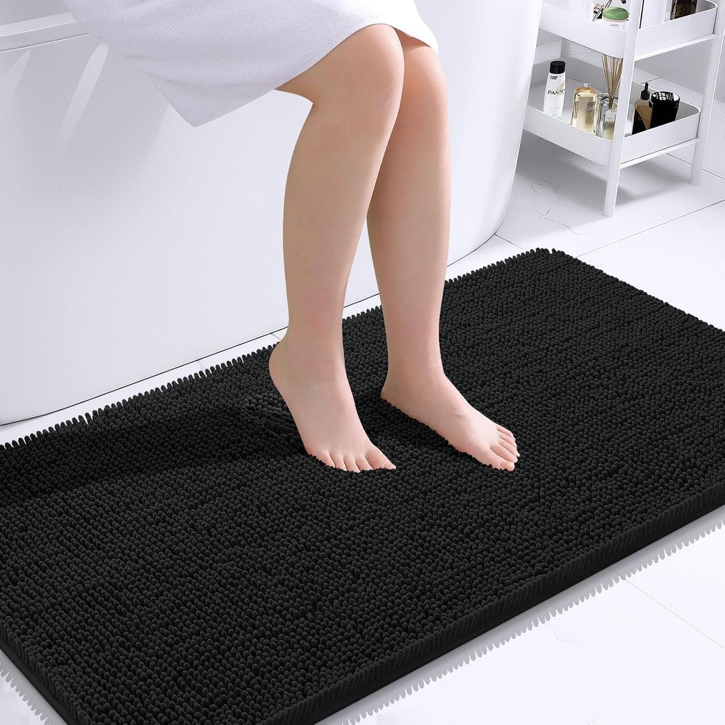 OLANLY Bathroom Runner Rugs - Extra Soft Chenille Bath Mats | Quick Dry, Machine Washable, 44x24" - Black