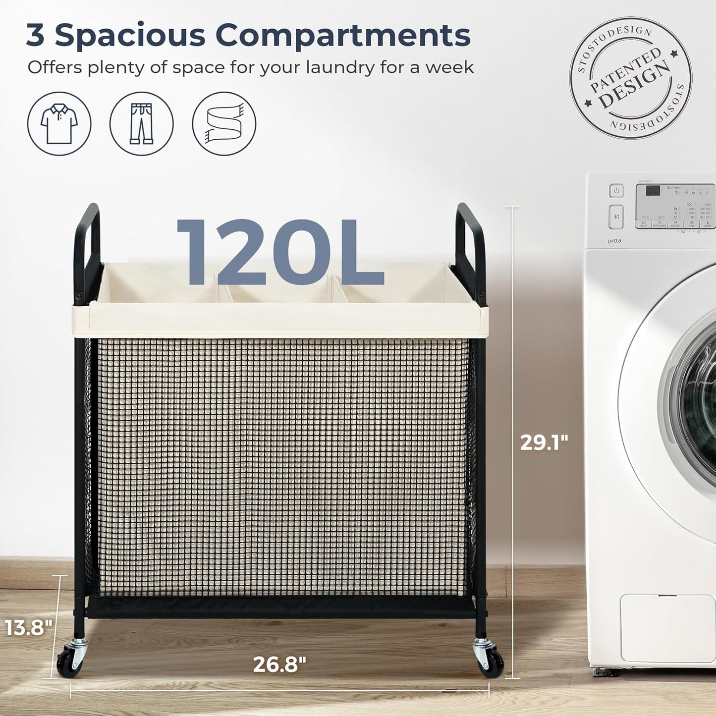 STO STO Laundry Hamper - 120L Rolling Sorter Cart with Removable Liner & Wheels | Ideal for Laundry Room