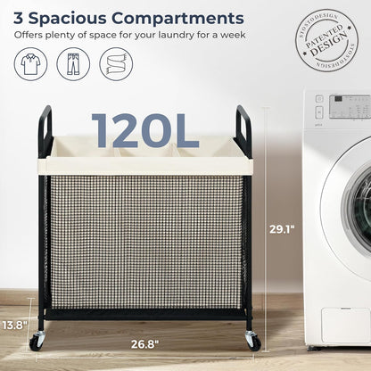 STO STO Laundry Hamper - 120L Rolling Sorter Cart with Removable Liner & Wheels | Ideal for Laundry Room