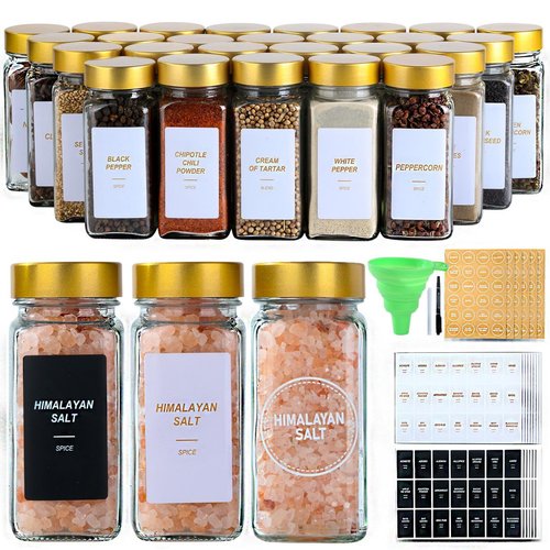 JARXSUN Glass Spice Jars with Label, 48 Pcs Spice Jars with Shaker Lids-4 oz Gold Spice Seasoning Jars Bottles Containers Set for Spice Rack (48)