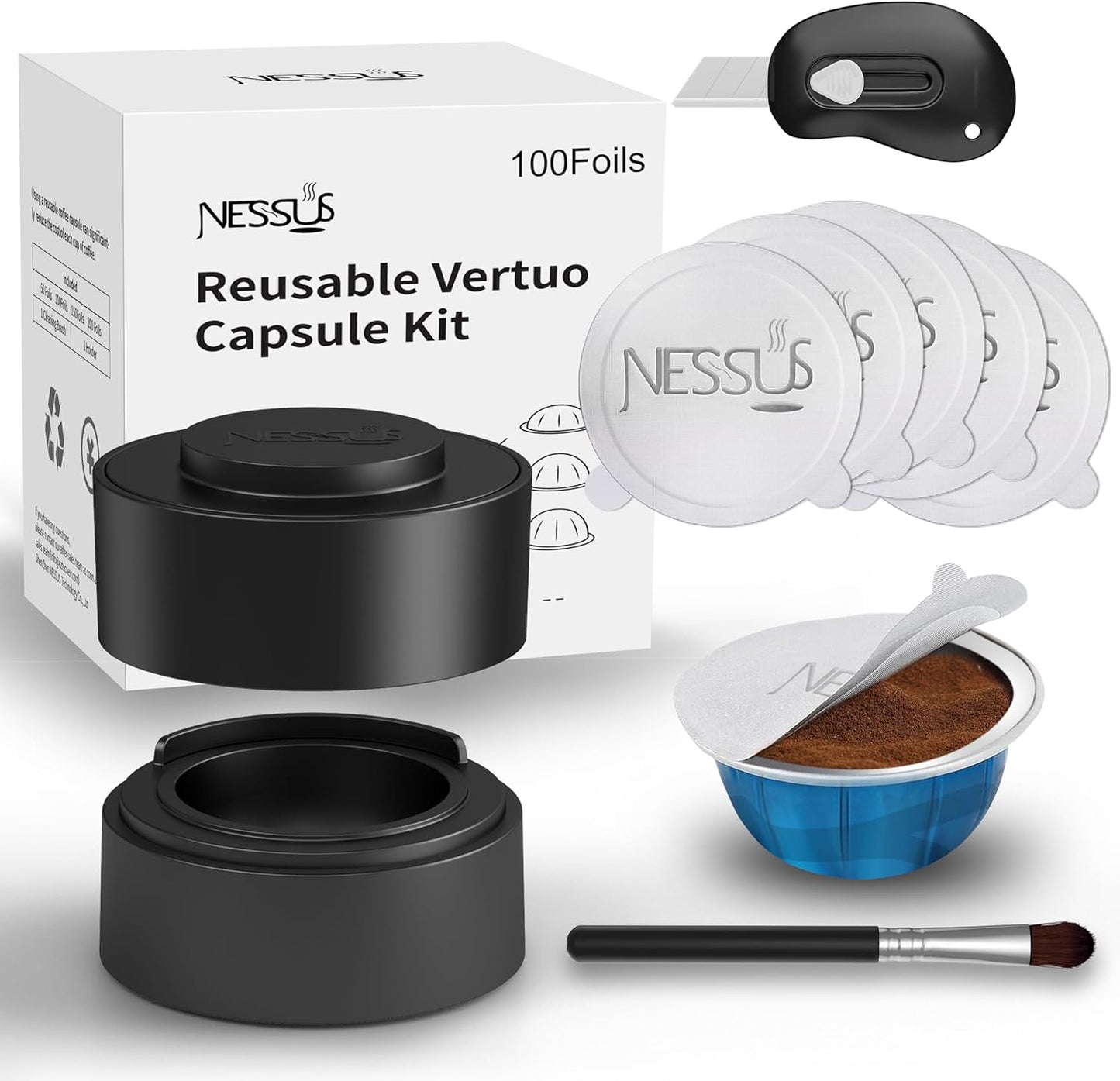 Nessus Reusable Pod Kit for Nespresso Vertuo | 100 Pcs Aluminum Foil Seals & Accessories