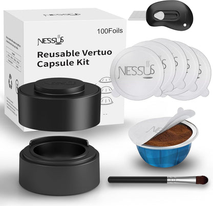 Nessus Reusable Pod Kit for Nespresso Vertuo | 100 Pcs Aluminum Foil Seals & Accessories