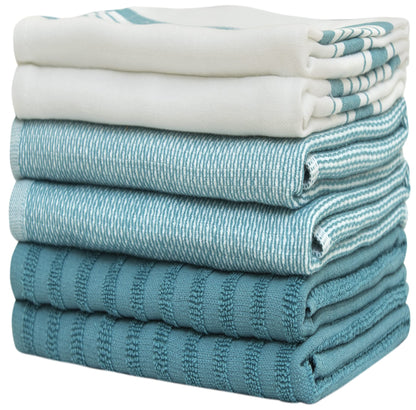 Premium Kitchen Towels 20”x 28”- 6 Pack| Large Cotton Kitchen Towels | Hand Towels for Kitchen | Flat & Terry Towel | Dish Towels | Highly Absorbent Tea Towels Set with Hanging Loop | Aqua Striped