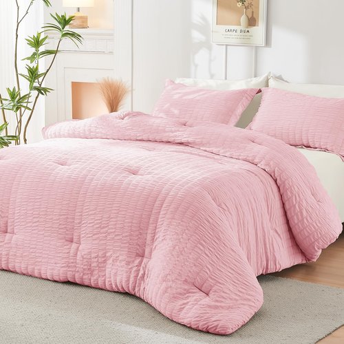 HYMOKEGE Pink/Ivory Twin XL Comforter Set Seersucker 5 Pieces, All Season Luxury Bed in a Bag for Bedroom, Bedding Set with Comforter, Sheets, Pillowcase & Sham