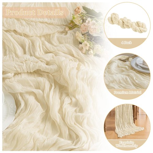 ButterMelt 4 Pack Beige 10ft Cheesecloth Table Runner, Boho 35x120 Inch Long, Gauze Table Runner Decor for Baby Shower Bridal Shower or Wedding Party