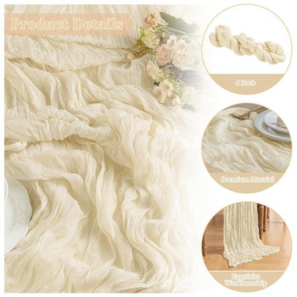 ButterMelt 4 Pack Beige 10ft Cheesecloth Table Runner, Boho 35x120 Inch Long, Gauze Table Runner Decor for Baby Shower Bridal Shower or Wedding Party