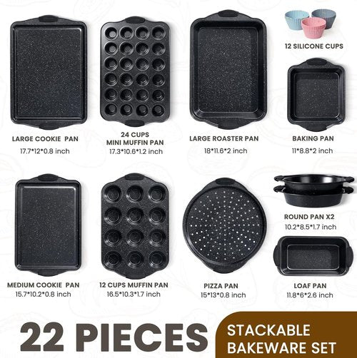 Kikcoin Nonstick Baking Pans Set - 22 PCS Stackable Bakeware with Silicone Handles | Oven Safe to 450°F