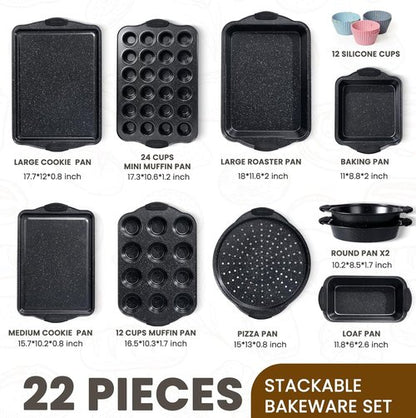 Kikcoin Nonstick Baking Pans Set - 22 PCS Stackable Bakeware with Silicone Handles | Oven Safe to 450°F
