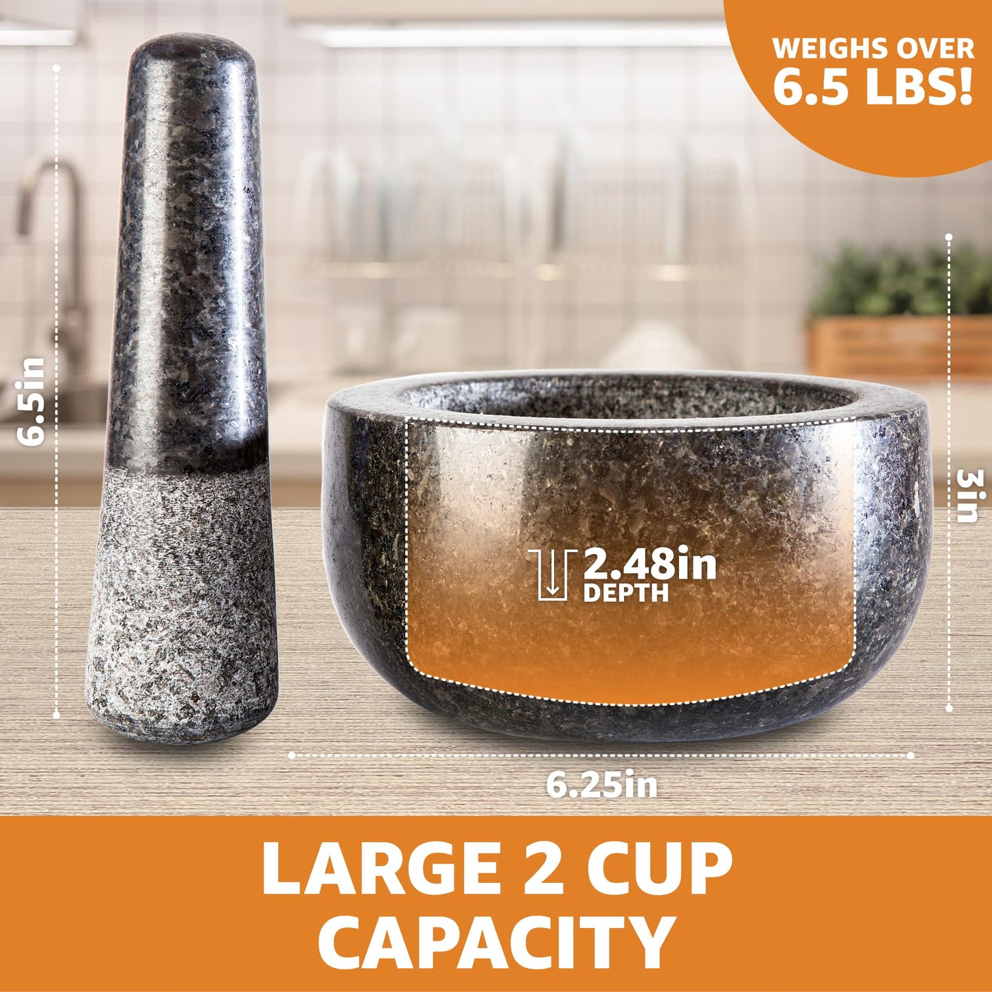 Heavy Duty Large Mortar and Pestle Set,100% Granite, Non Slip Base, Make Fresh Guacamole, Salsa, Pesto, Stone Grinder Bowl, Herb Crusher, Spice Grinder, 2 Cup, 6.3 Inch Size, Black