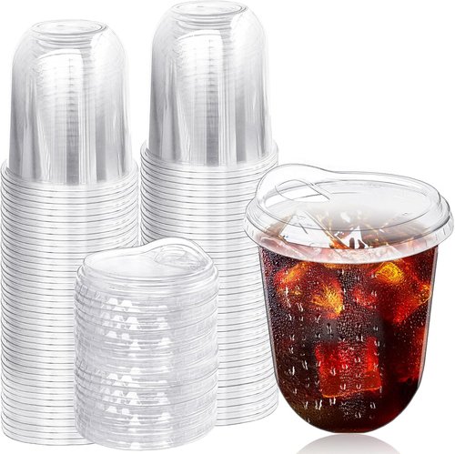 Alaeseje 50 Pack Clear Plastic Cups - 12 oz Disposable Iced Coffee Cups with Strawless Sip Lids