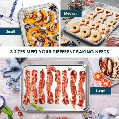 E-far Stainless Steel Baking Sheet Set - 3 Sizes (12.4”, 10.5”, 9.4”) | Non-Toxic, Dishwasher Safe Cookie Trays