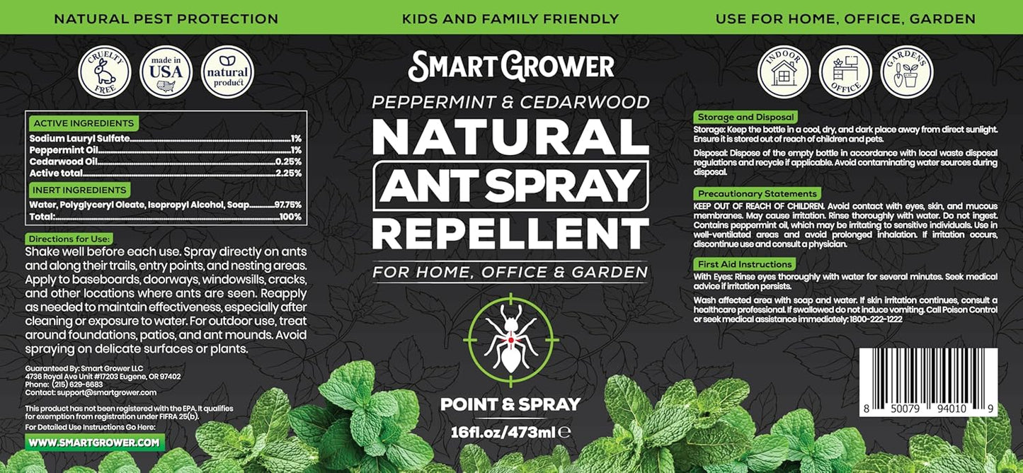 Natural Ant Spray - Fast-Killing & Repelling Formula with Peppermint & Cedarwood Oil | 16oz Pet & Family Safe