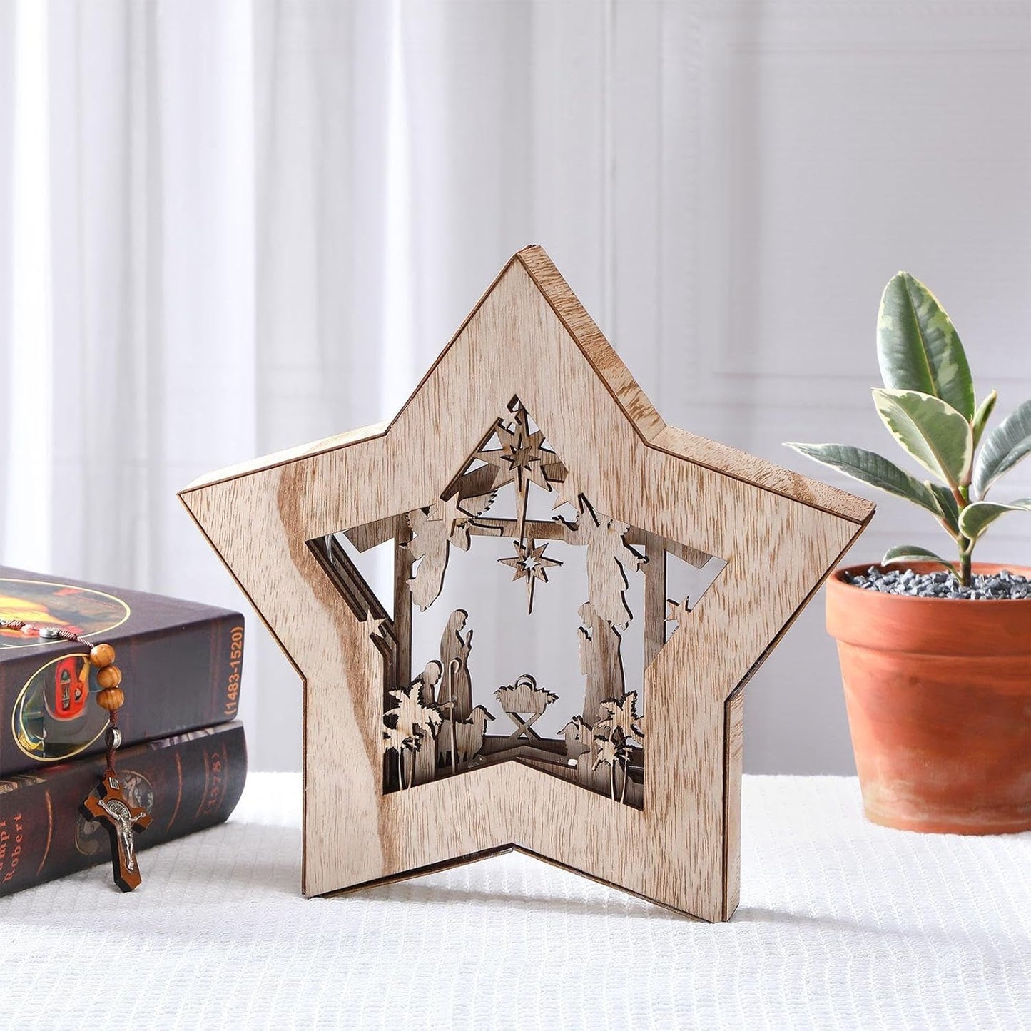 Wooden Nativity Scene Set - Rustic Christmas Tabletop Decor with LED Light for Indoor Display