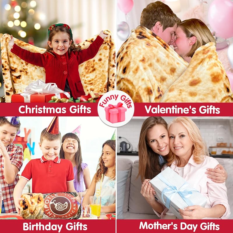 Tan 71 Inch Burritos Throw Blanket - Realistic Tortilla Food Blanket, 285 GSM Flannel, Double-Sided