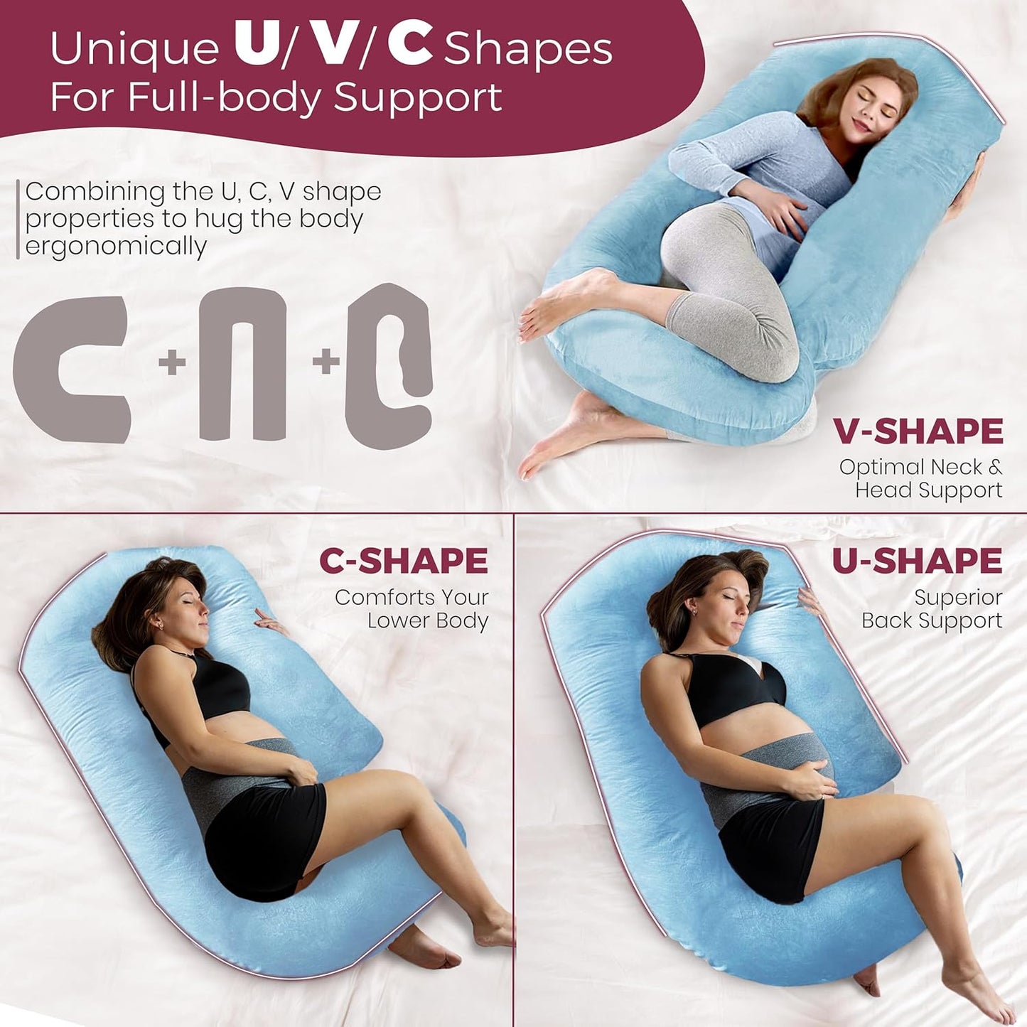 PILLANI Pregnancy Pillow - V C U Shaped 57-Inch Full Body Support with Removable Washable Cover | Cooling Maternity Comfort