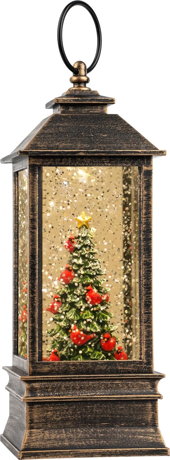 VISFLAIR 10'' Lighted Christmas Tree | Cardinal Music Snow Globe Water Lantern with Glitter