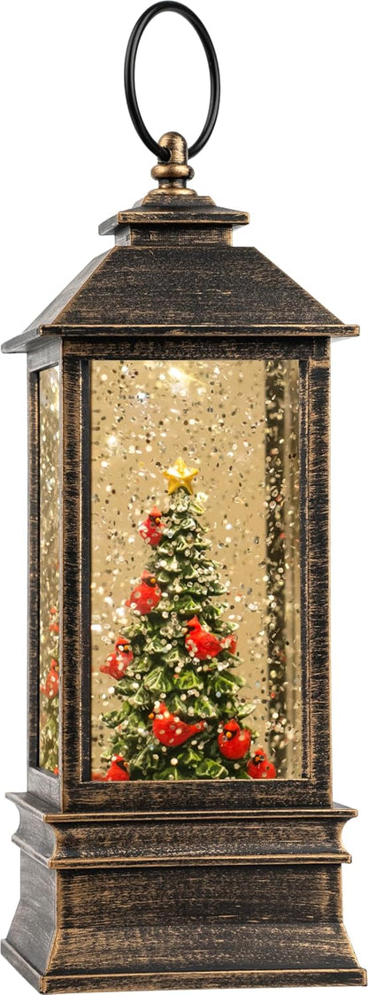 VISFLAIR 10'' Lighted Christmas Tree | Cardinal Music Snow Globe Water Lantern with Glitter