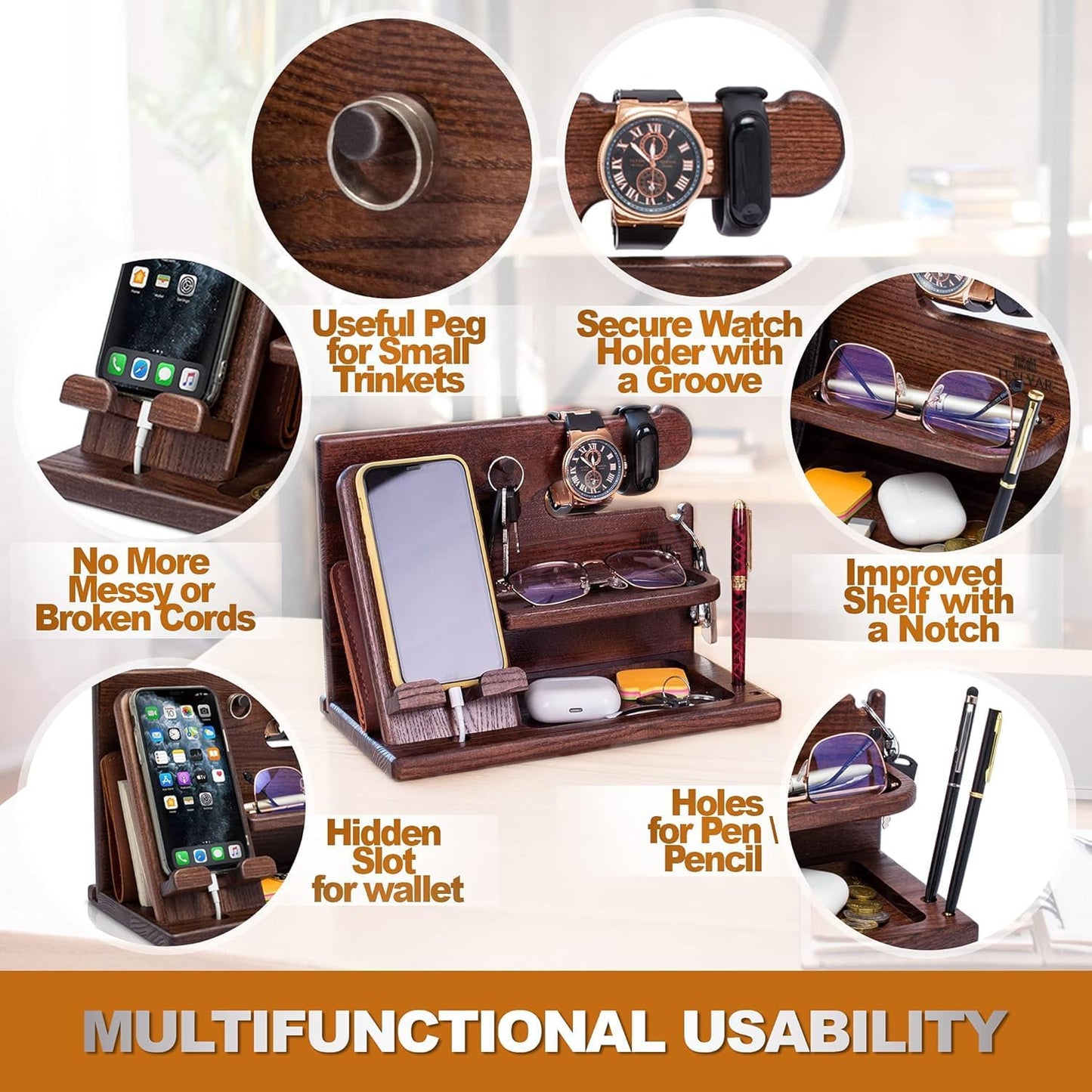 TESLYAR Wood Phone Docking Station - Elegant Desk Organizer for Men | Key Holder & Watch Stand (Bourbon Brown)