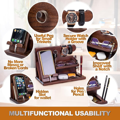 TESLYAR Wood Phone Docking Station - Elegant Desk Organizer for Men | Key Holder & Watch Stand (Bourbon Brown)