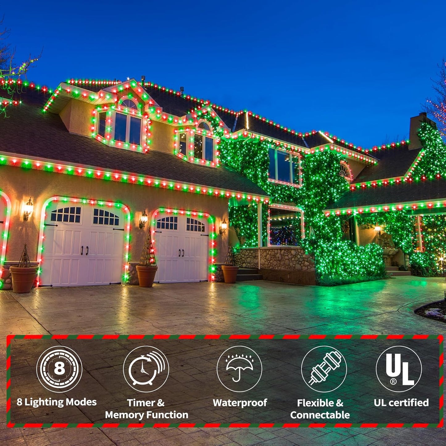 Skiennix 50ft LED Rope Lights - Waterproof, Flexible Tube Lighting with 8 Modes | Red & Green for Outdoor Decor