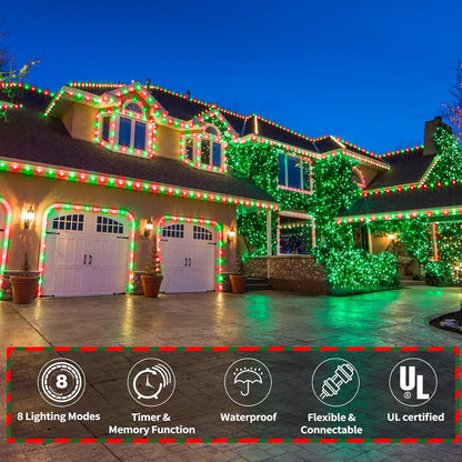 Skiennix 50ft LED Rope Lights - Waterproof, Flexible Tube Lighting with 8 Modes | Red & Green for Outdoor Decor