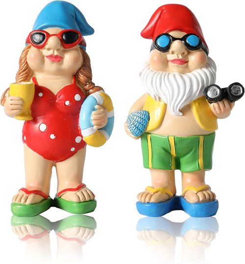 iStatue Beach Gnomes - Fun Resin Table Top Decorations with Swim Rings & Sunglasses | Set of 2 for Home & Garden