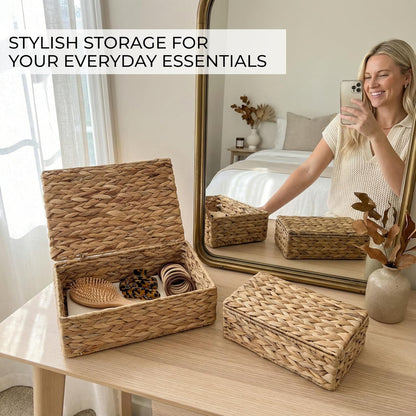 Skiennix Decorative Storage Boxes - Set of 2 Stylish Wicker Organizer Bins for Home Decor | Safely Store Photos & Keepsakes