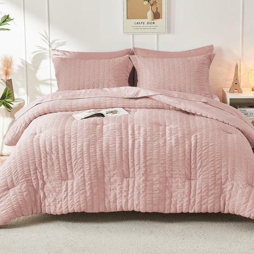 HYMOKEGE Rose Gold Twin Comforter Set Seersucker 5 Pieces, All Season Luxury Bed in a Bag Queen for Bedroom, Bedding Set with Comforter, Sheets, Pillowcase & Sham