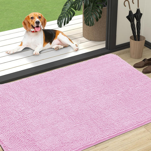 OLANLY Dog Door Mat - Absorbent Non-Slip Washable Chenille Mat for Muddy Paws | 47x32, Pink