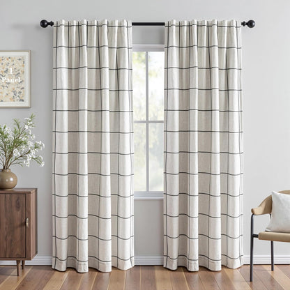MYSKY HOME 100% Blackout Linen Curtains - 84 Inch Thermal Insulated Drapes | Black Plaid, 52" W, 1 Panel