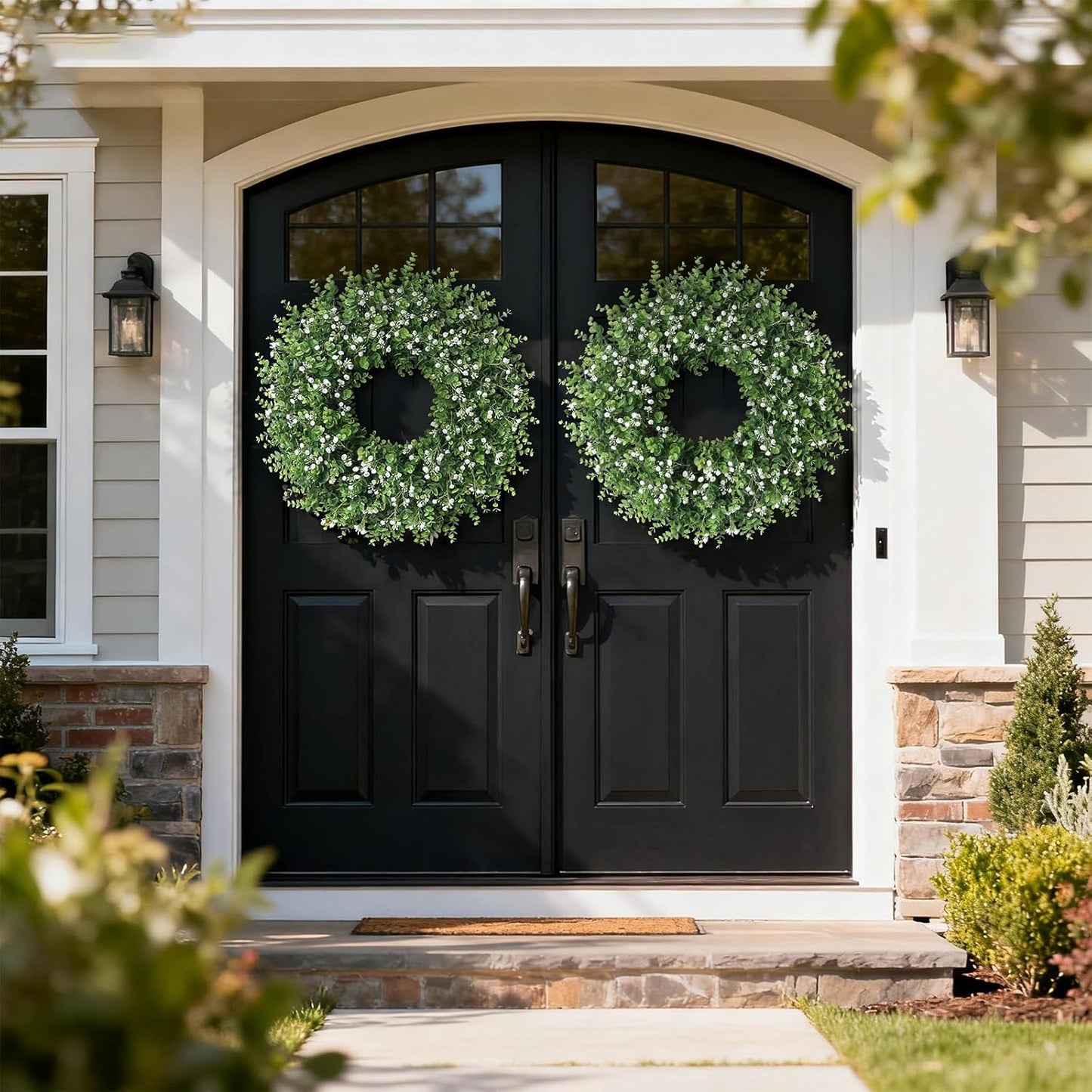 Skiennix 26" Artificial Eucalyptus Wreath - Faux Greenery with Baby's Breath for Front Door Decor