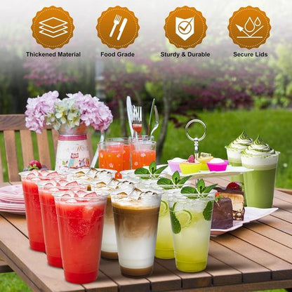 Charmount 24 oz Clear Plastic Cups - Disposable To-Go Cups with Lids & Straws for Cold Drinks | 100 Sets