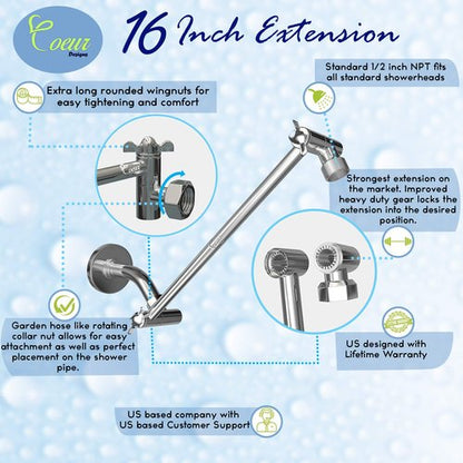 Coeur Designs 16-Inch Extra Long Shower Extension Arm. Solid Brass. Height/Angle Adjustable With a Unique Locking Gear for a Perfect Position Every time. Holds All Showerhead Sizes.