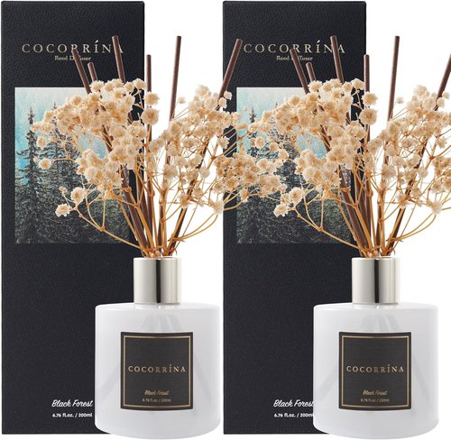 Cocorrína Premium Reed Diffuser Set - Black Forest Scent with Preserved Baby's Breath | 6.7oz, 2 Packs for Home Décor