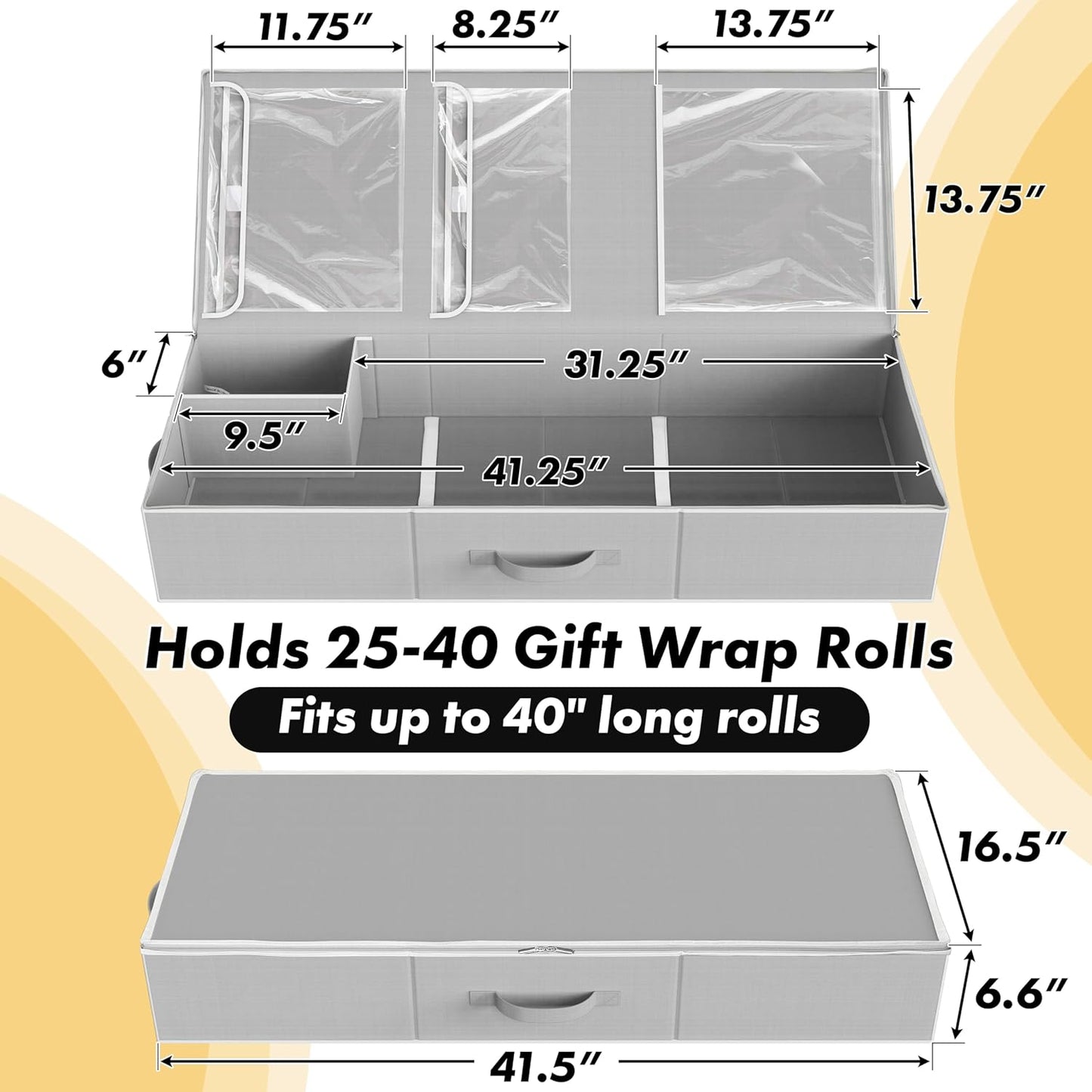 Simple Houseware Wrapping Paper Storage Organizer - Holds 40 Rolls with Adjustable Straps & Clear Pockets, 41.5''L x 16''W, Gray