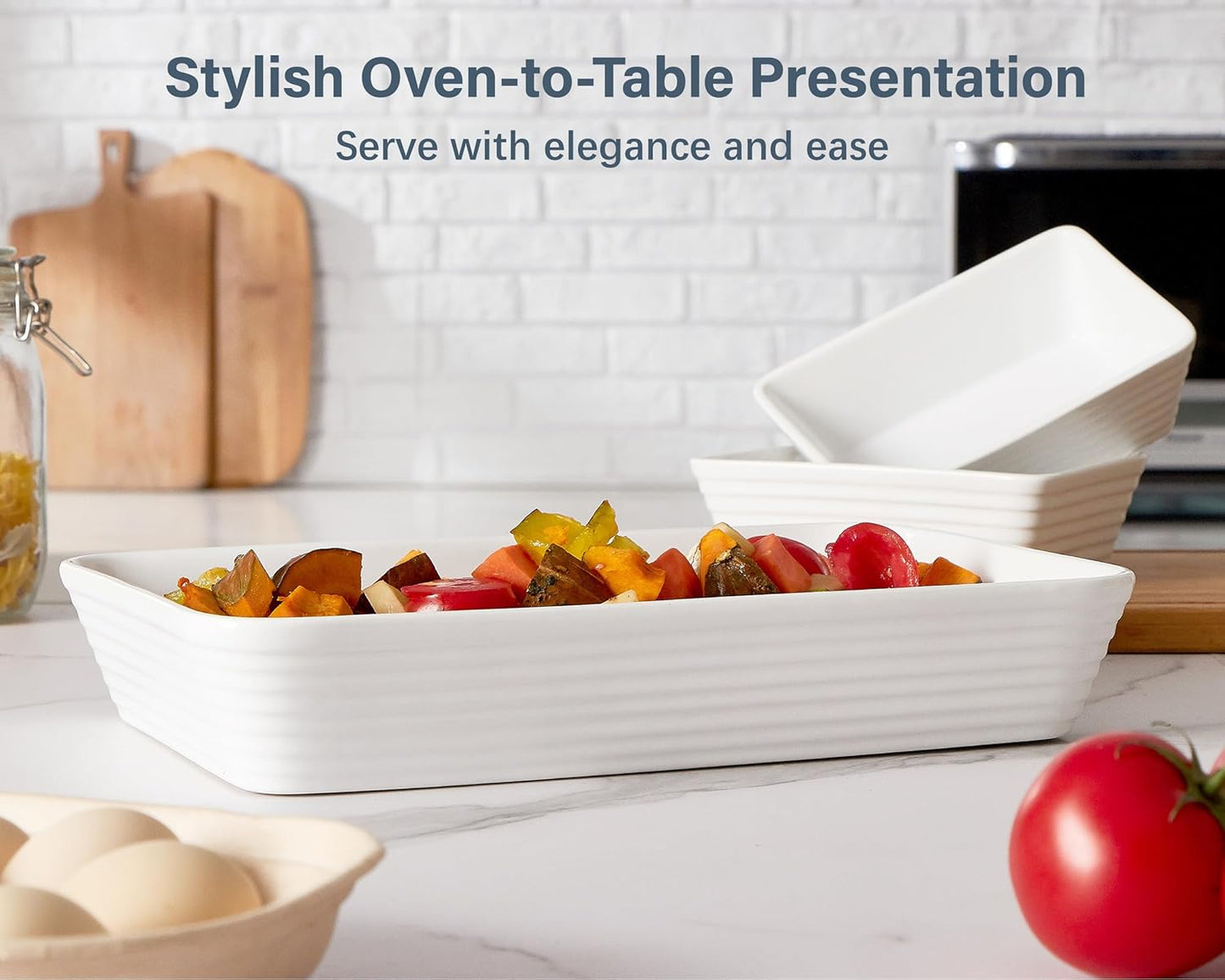 ONEMORE Ceramic Baking Dish - 9x13 Large Rectangular Casserole Pan for Oven & Family Meals | Ribbed White Bakeware